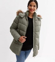 New Look Maternity Olive Faux Fur Hooded Puffer Jacket